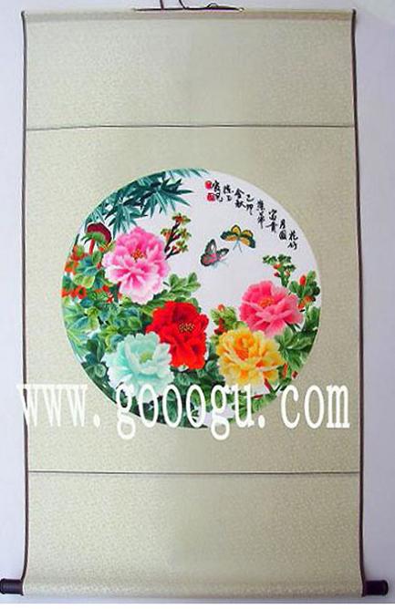 圆形牡丹刺绣画,传统天地杆苏绣画礼品