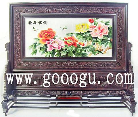 荣华富贵苏绣,牡丹图案刺绣,刺绣台屏精品