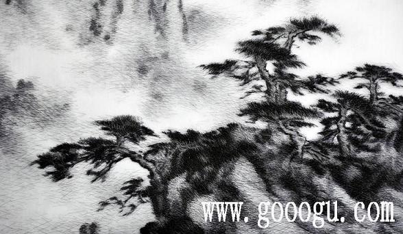乱针绣精品,风景苏绣画,手工刺绣风景画,黄山云海