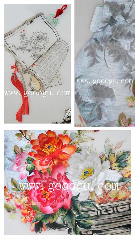 刺绣画细节照片，牡丹古代题材苏绣精品