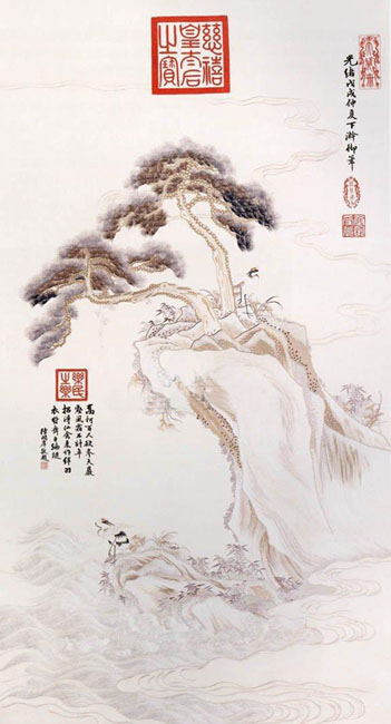 刺绣慈禧印松鹤图(轴),宫廷绣品,皇家刺绣品