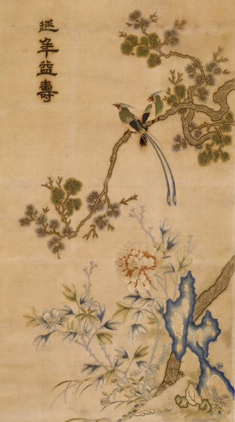 刺绣牡丹绶带图(轴),延年益寿,祝寿题材苏绣,道光年间刺绣,宫廷绣品