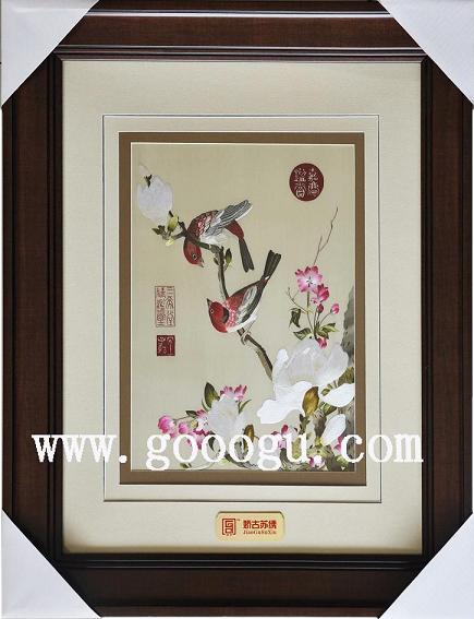 苏绣精品，郎士宁仙萼长春图，海堂玉兰，手工刺绣画精品